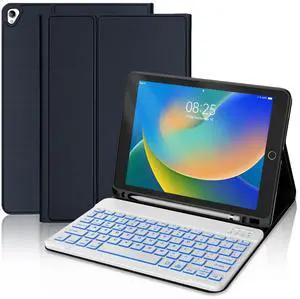 BORIYUAN iPad 9th 2021/8th/7th Generation Keyboard Case, 7 Colors Backlit Detachable Keyboard Folio Smart Cover for iPad 10.2 Inch/iPad Air 10.5"(3rd Gen)/iPad Pro 10.5" with Pencil Holder  Dark Blue