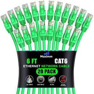 Maximm Cat 6 Ethernet Cable 6 ft (20-Pack) - High-Speed LAN Cable, Internet Cable, Patch Cable, and Network Cable - UTP, 10Gbps, 550MHz Ethernet Cord - Green