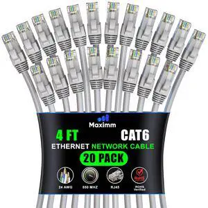 Maximm Cat 6 Ethernet Cable 4 ft (20-Pack) - High-Speed LAN Cable, Internet Cable, Patch Cable, and Network Cable - UTP, 10Gbps, 550MHz Ethernet Cord - Gray