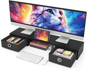 WESTREE Dual Monitor Stand Riser with Two Drawers, Extra Large Storage Monitor Stand for 2 Monitors, Desktop Oraganizer Stand for Computer,Laptop,Screen,Printer,TV