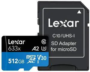 Lexar High-Performance 633x 512GB microSDXC UHS-I Card w/ SD Adapter, C10, U3, V30, A2, Full-HD & 4K Video, Up To 100MB/s Read, for Smartphones, Tablets, and Action Cameras (LSDMI512BBNL633A)