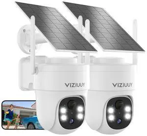 VIZIUUY Solar Security Cameras Wireless Outdoor, 2 Pack 3MP Security Cameras Wireless Outdoor, Pan Tilt 360°WiFi Camera with Color Night Vision/PIR Sensor/2-Way Audio/Alexa/Google Assistant