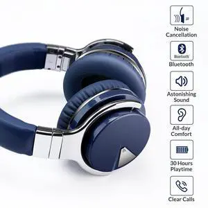 Silensys E7 Active Noise Cancelling Headphones Bluetooth Headphones with Microphone Deep Bass Wireless Headphones Over Ear, Comfortable Protein Earpads, 30 Hours Playtime for Travel/Work, Navy