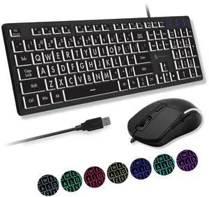 X9 Wired Keyboard and Mouse Combo - Large Print Backlit Keyboard and Mouse for Elderly, Low Vision, Visually Impaired - 7 LED Light Up Color, Lighted Large Letters for Laptop PC Computer USB