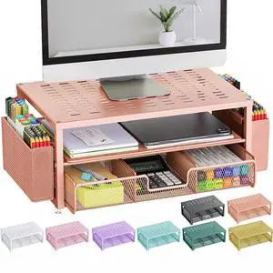 gianotter Desk Organizers and Accessories, Monitor Stand with Drawer and 2 Pen Holder, Desktop Organizer Suitable for Offices and Dormitories (Rose Gold)