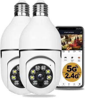 Pack of 2 Light Bulb Security Cameras Wireless Outdoor - 5GHz & 2.4GHz Wireless WiFi Smart 3MP Cameras for Home Security, 360° Indoor Light Socket Security Camera, Motion Detection and Alerts