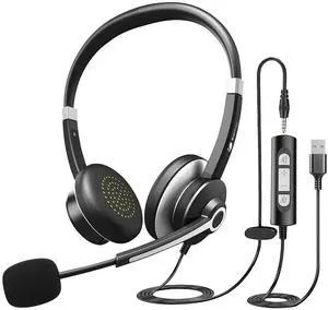 Earbay USB Headset with Microphone for PC, Computer Headset with Microphone Noise Cancelling for Laptop, 3.5mm Jack On-Ear Wired Headphones with Mic, Volume Control for Call Center/Skype/Zoom/Webinar