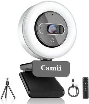 4K Webcam with Light, HD Webcam for PC with Remote Control, Built-in Privacy Cover, Adjustable Brightness, Noise Reduction Mics, for Zoom Skype Teams Laptop and Google Meet