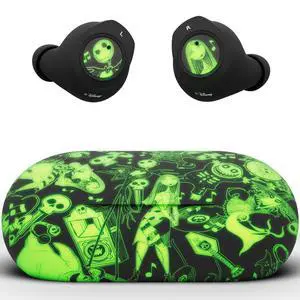 Disney Nightmare Before Christmas Glow in The Dark TWS Earbuds Wireless Bluetooth 5.0 Compatible in-Ear Headset with Built-in Mic & Portable Recharging Case - IPX8 Waterproof, Jack and Sally