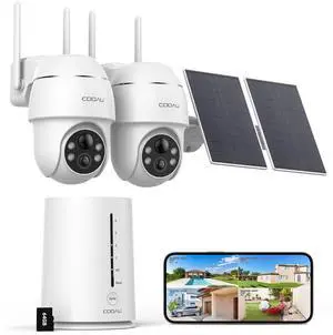 COOAU Solar Security Cameras Wireless Outdoor, 2 Cam-Kit, 4MP Cameras for Home Security System, 360° Pan & Tilt, Color Night Vision, Motion Detection, No Monthly Fee, Siren Alarm, IP66,64GB Card