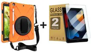 ZenRich Bundle for iPad 9th/8th/7th Gen 10.2'': 2-Pack Anti-Glare Tempered Glass Screen Protectors &Rugged Full-Body Case, Orange