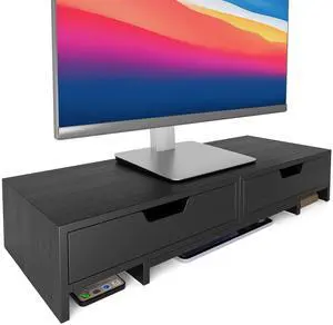 Epesoware Computer Monitor Stand Riser with 2 Storage Drawers for Desk, Premium Bamboo Monitor Shelf for Laptop Computer iMac, No Assembly Required, Black