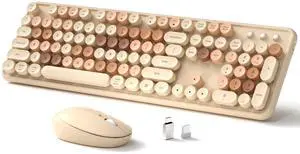 Links9+ Wireless Keyboard and Mouse, Full-Size Retro Typewriter Keyboard with Round Keycaps, 2.4GHz for Windows, Mac, Laptop, PC, Desktop (Milky Tea Colorful)