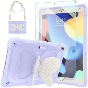 Ambison Case for iPad 9th/8th/7th Generation 10.2 inch with Glass Screen Protector,Rugged Shockproof Protective Cover for Kids Girls Butterfly Stand,Shoulder Strap for iPad 2021/2020/2019-Purple