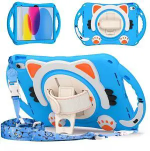 KIQ Cat Shield Case Heavy Duty Rugged Cute Children Kids Case w/Kickstand, Side Handles, and Shoulder Strap for Apple iPad 11 inch 11th gen 2025 A16 / iPad 10.9 inch 10th gen 2022 Light Blue
