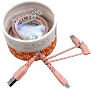 Tech Candy Eco Charge USB Cable, Rose/Pink - 3 Tip Universal Charger, USB-A to Lightning/Micro USB/USB-C, 6 Long Cord, Made with Earth Friendly Wheat Straw, Woven Cable, Quality, Flexible