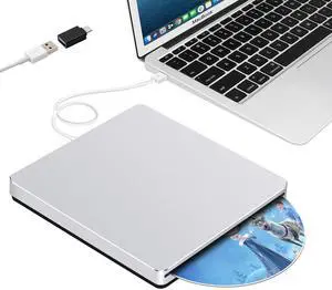 Guamar External CD Drive for Mac: USB 3.0 Superdrive for Apple MacBook - Slim & Portable Slot-in DVD Burner for Laptop PC Windows with USB-C Adapter - Plug & Play Aluminum (Silver)