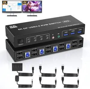 8K@60Hz USB 3.0 Displayport KVM Switch 2 Monitors 4 Computers, Dual Monitor KVM Switch with Audio Output and 3 USB 3.0 Ports, 4 Port Dual Monitor Displayport KVM Switch for 4 Computer