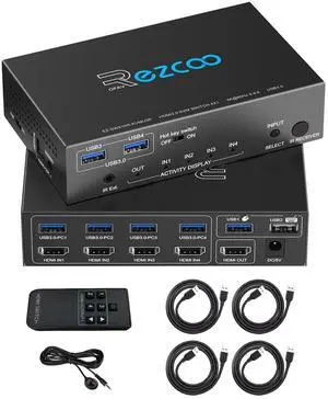 USB 3.0 KVM Switch HDMI 4 Computer 1 Monitor 4K 60Hz SPDIF L/R Hotkey - Share one Set of Keyboard Mouse Printer,1080p 120Hz 144Hz HDCP Bypass,4X USB3.0 Cable,IR Remote Ext. Windows Mac 41KVMP