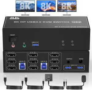8K@60Hz Displayport KVM Switch USB 3.0 Triple Monitor for 2 Computer, KVM Switch 3 Monitors 2 Computers with Audio and 3 USB 3.0 Ports, 8K Displayport KVM Triple Monitor Keyboard Mouse Switcher