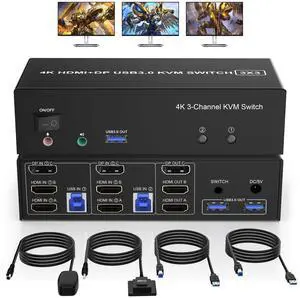 2 HDMI + 1 Displayport KVM Switch 3 Monitor 2 Computers, 4K@60Hz Triple Monitor KVM Switch with Audio and 3 USB 3.0 Ports, 2 Computers Share 3 Monitors Keyboard Mouse Switcher