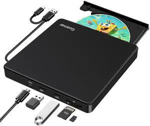 Guamar External CD DVD Drive: USB-C Burner for Laptop PC Mac MacBook Windows 11 with SD TF Slot 2 USB Ports - Portable Plug & Play Aluminum (Black)