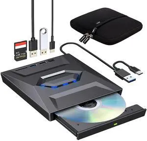 ROOFULL External CD DVD Drive with USB 3.0 Type-C Ports + SD Card Slot + Carrying Case for Laptop PC, CD DVD +/-RW Reader Writer Burner Player ROM Optical Disk Drive for Windows, Mac, Linux Computers