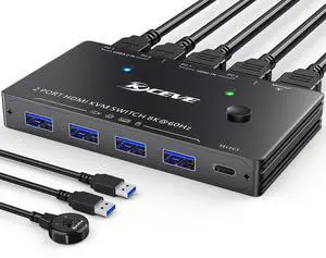 8K USB 3.0 KVM Switch HDMI 2 Port 8K@60Hz 4K@120Hz,Camgeet HDMI 2.1 KVM Switch for 2 Computers Share 1 Monitor and 4 USB 3.0 Devices,HDCP 2.3, HDR 10,with Wired Remote and 2 USB3.0 Cable