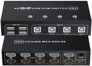 BolAAzuL HDMI + Displayport KVM Switch Box 4 Port, Dual Monitor 4 Computers HDMI 2.0 DP 1.2 USB 2.0 KVM Switch 4K 60Hz, Keyboard Mouse Peripherals Switcher HDMI+DP 4 in 2 Out for 4 PCs 2 Monitors