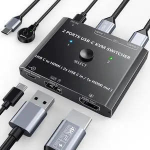 USB Type C KVM Switch - 4K@60Hz, 2-Port Type C to HDMI, Share 1 Monitor, Wired Remote, USB-C Cable