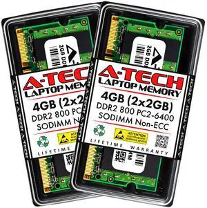 A-Tech 4GB (2x2GB) DDR2 800MHz SODIMM PC2-6400 1.8V CL6 200-Pin Non-ECC Unbuffered Laptop RAM Memory Upgrade Kit