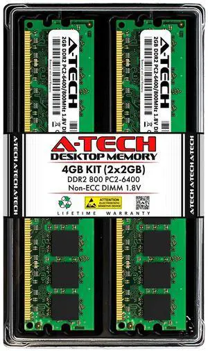 A-Tech 4GB (2x2GB) DDR2 800MHz UDIMM PC2-6400 CL6 1.8V DIMM Non-ECC Unbuffered Desktop RAM Memory Modules