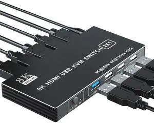 BolAAzuL 2-Port HDMI 2.1 KVM Switch, 4K@120Hz/8K@60Hz, USB 3.0, Black, Button Control, Manual Operation