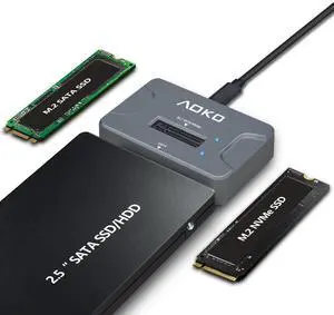 AOKO NVMe to USB 3.2(10Gbps) SSD Reader Docking Station  Portable M.2 SSD to USB Adapter External NVMe SSD Enclosure for M.2 PCIe NVMe and M.2 SATA SSD, Compatible with 2.5'' SATA Dirve