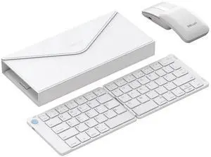 DELUX PockCombo Portable Keyboard and Mouse Wireless with Protective Case, Bluetooth Foldable Keyboard, 2-in-1 Sliding Mini Mouse with Pointer (White)