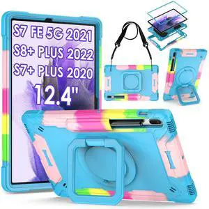 DETUOSI 360 Rotating Hybrid Case for Samsung Galaxy Tab S7 FE 5G/ S8+Plus/ S7+Plus 12.4" with S Pen Holder & Shoulder Strap, 360 Degree Swivel Kickstand Heavy Duty Hybrid Bumper Protective Kids Cover