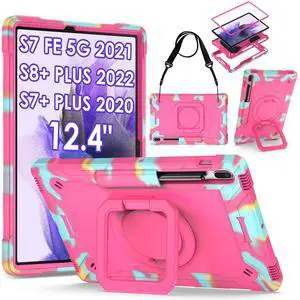 DETUOSI 360 Rotating Hybrid Case for Samsung Galaxy Tab S7 FE 5G/ S8+Plus/ S7 Plus 12.4" with S Pen Holder & Shoulder Strap, 360 Degree Swivel Kickstand Heavy Duty Hybrid Bumper Protective Kids Cover