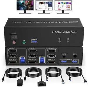 HDMI + 2 Displayport 3 Monitor KVM Switch USB 3.0 for 2 Computers, 4K@60Hz Triple Monitor KVM Switch with Audio and 3 USB 3.0 Ports, 2 Computers Share 3 Monitors Keyboard Mouse Switcher