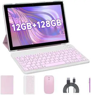 Android Tablet 10 Inch 2 in 1 Tablets with Keyboard Case Mouse Stylus, 12GB RAM 128GB ROM 1TB Expand, Quad-Core 2.0GHz CPU Tablet PC, 5G WiFi 6 BT 5.0, 8MP Camera, Google Certified Tableta