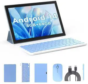 Tablet 2 in 1 Tablets 10 inch Android 14 Tablet Set with Keyboard Case Mouse Stylus Film, 8GB+64GB Tablets 10.1" Tab 1280*800 HD Touch Screen, 8MP Dual Camera Games Wi-Fi Bluetooth Tableta PC Blue.