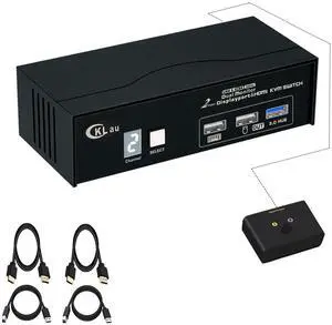 CKLau Displayport 1.4 + HDMI 2.1 2 Computers 2 Monitors Switch 8K30Hz 4K144Hz 2 in 2 Out with Cables, Digital Display, USB 3.0 Hub, Wired Remote Controller