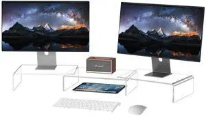 X-cosrack Clear Acrylic Monitor Stand Riser, 3 Shelves Adjustable Dual Monitor Stand with Anti-Slip Mat, Premium Desk Organizer for Home Office, Laptops, PCs, Printers, TVs