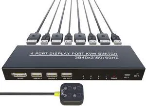 DiamondTiger KVM Switch 4 Computers - KVM Switch Displayport, One Monitor Switch to Share Mouse, Keyboard, Printer, USB 2.0 Device and Ultra HD Monitor, Support 4K@60Hz, 4 DP and 4 USB Cable Included