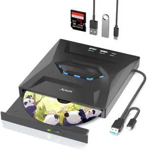 Alxum External CD/DVD Drive for Laptop, Type-C USB 3.0 Portable CD Player DVD Burner with SD Slot & USB Ports DVD 8X CD 24X Super Fast Speed for Windows/Mac OS/Linux/Vista