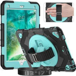 Timecity for iPad 6th / 5th Generation Case/iPad Air 2 / Pro 9.7 inch Case - Heavy Duty Protective Cover with Screen Protector, Stand, Shoulder Strap & Pencil Holder | Kids-Friendly - Light Blue