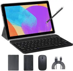 2 in 1 Tablet with Keyboard 10 Inch Android Tablets, 4GB+64GB+1024GB Expand 1.8Ghz Quad Core Tablet PC, 1280x800 IPS Touch Screen, WiFi, Bluetooth, Dual Camera, Google Certified Tableta, Black