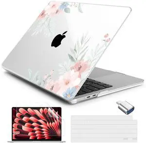 Batianda Case for New MacBook Air 13.6 inch 2025 M4 2024 2022 Release Model A3240 A3113 M3 A2681 M2, Designed Protective Hardshell Keyboard Cover and USB-C OTG Adapter, Cute Flowers