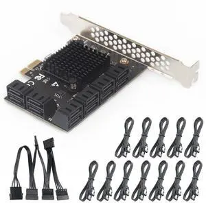 PCIe x1 to 12-Port SATA3.0 Expansion Card,6Gbps SATA Adapter for SSD/HDD, Plug and Play with 12 Status LEDs, Compatible with Windows/Linux/Ubuntu/ESXi/Synology NAS (with SATA Cables)