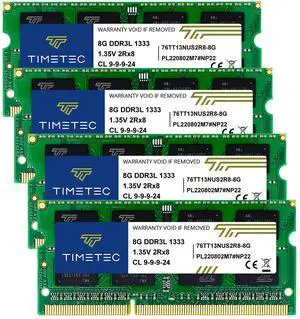 Timetec 32GB KIT(4x8GB) DDR3 / DDR3L 1333MHz PC3-10600 Non-ECC Unbuffered 1.5V / 1.35V CL9 2Rx8 Dual Rank 204 Pin SODIMM Laptop Notebook PC Computer Memory RAM Module Upgrade(32GB KIT(4x8GB))