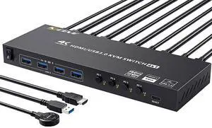 KVM Switch 4 Computers 1 Monitor, 4 Ports USB 3.0 HDMI KVM Switcher Selector Box with EDID Emulator Function, Support 4K@60Hz Resolution for 4 Computers Share Mouse Keyboard and Monitor